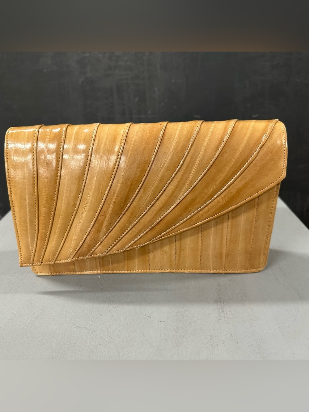 Eel Leather Fold-Over Clutch Bag in Tan